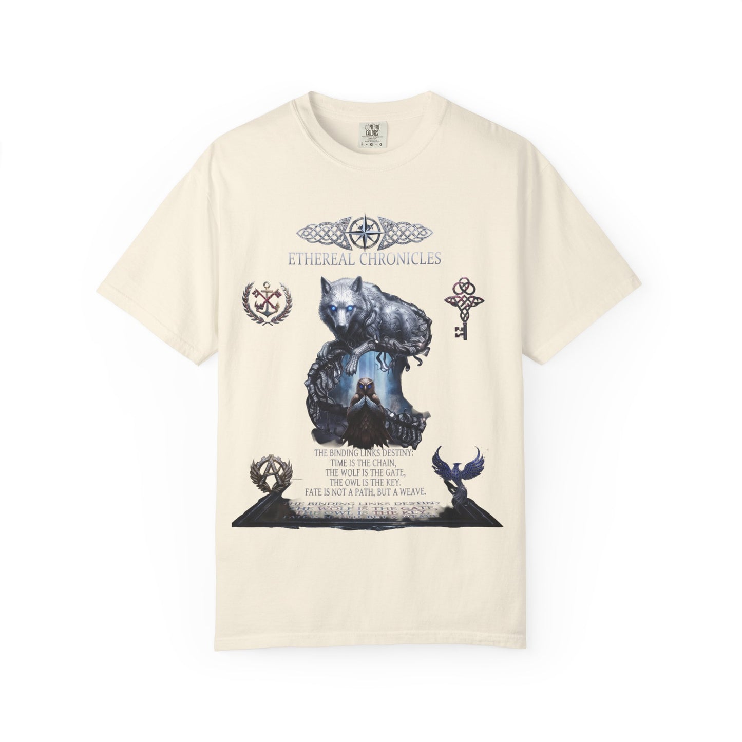 Ethereal Chronicles Graphic Tee | Mythical Wolf & Celestial Owl Shirts for Men & Women | Dark Fantasy Gothic Aesthetics Heavyweight Comfort Colors 1717 T-Shirt