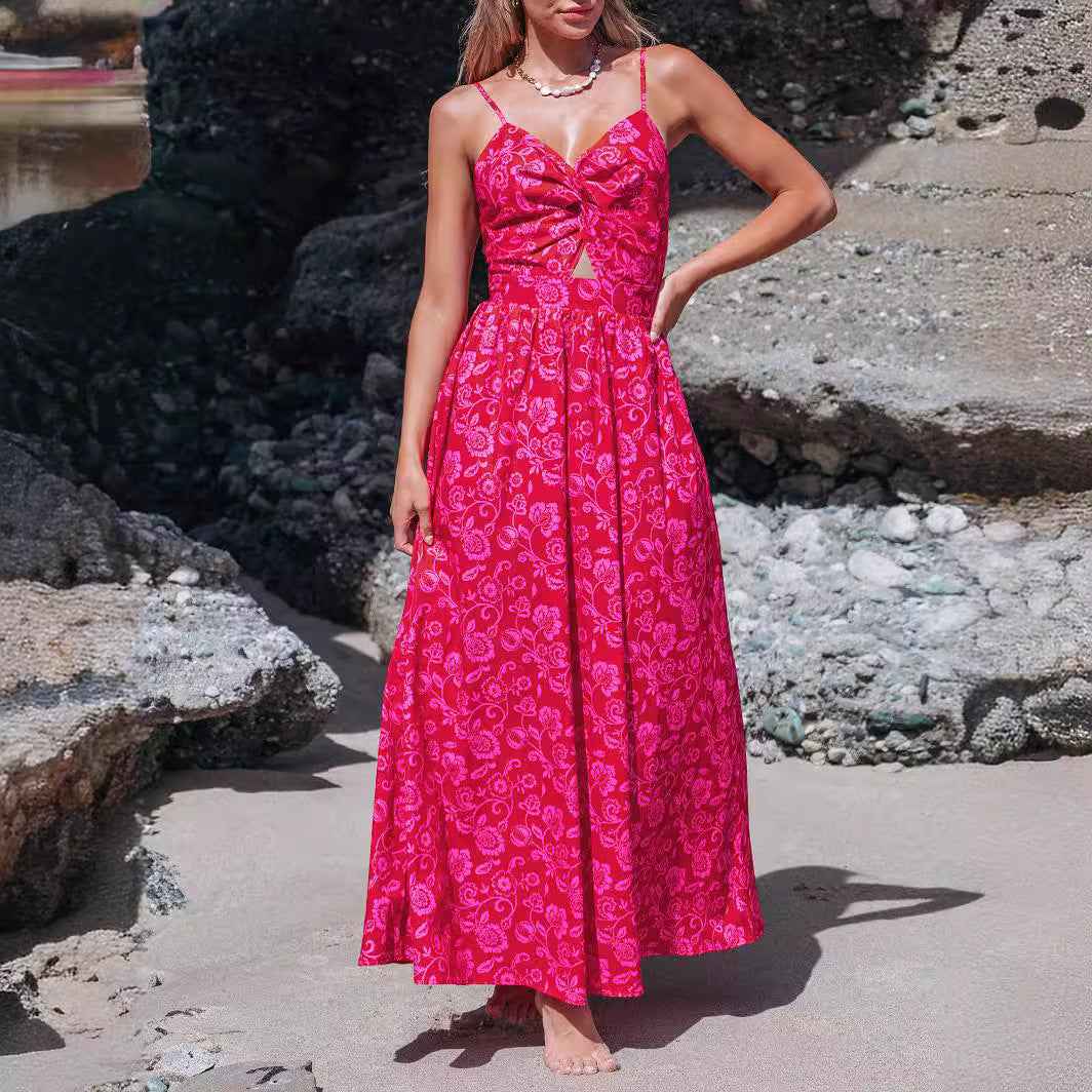 Knotted V-Neck Floral Long Dress Women's Elegant Summer Style