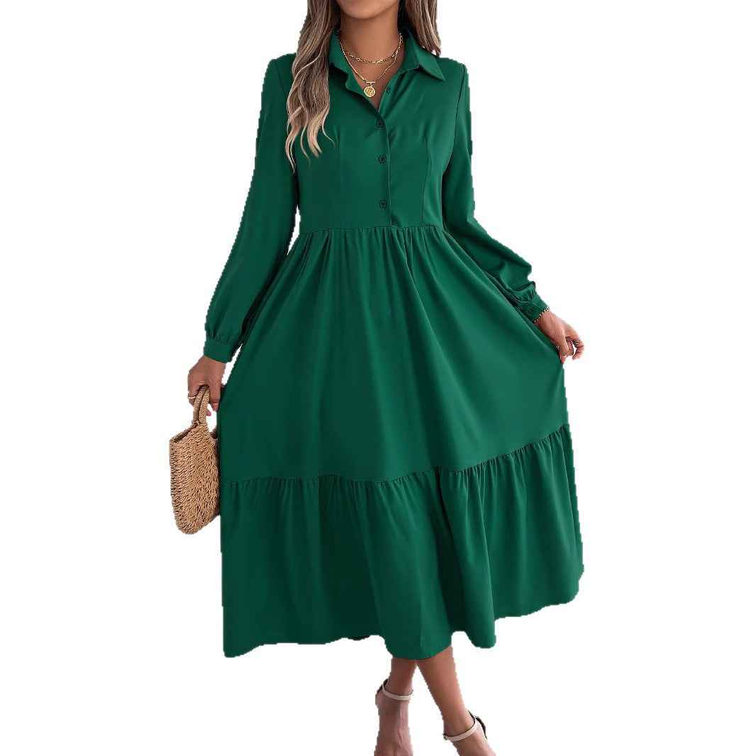 Women's Lapel Ruffled Long Sleeve Dress - Elegant Turn-Down Collar Shirt for Spring/Autumn Vacations