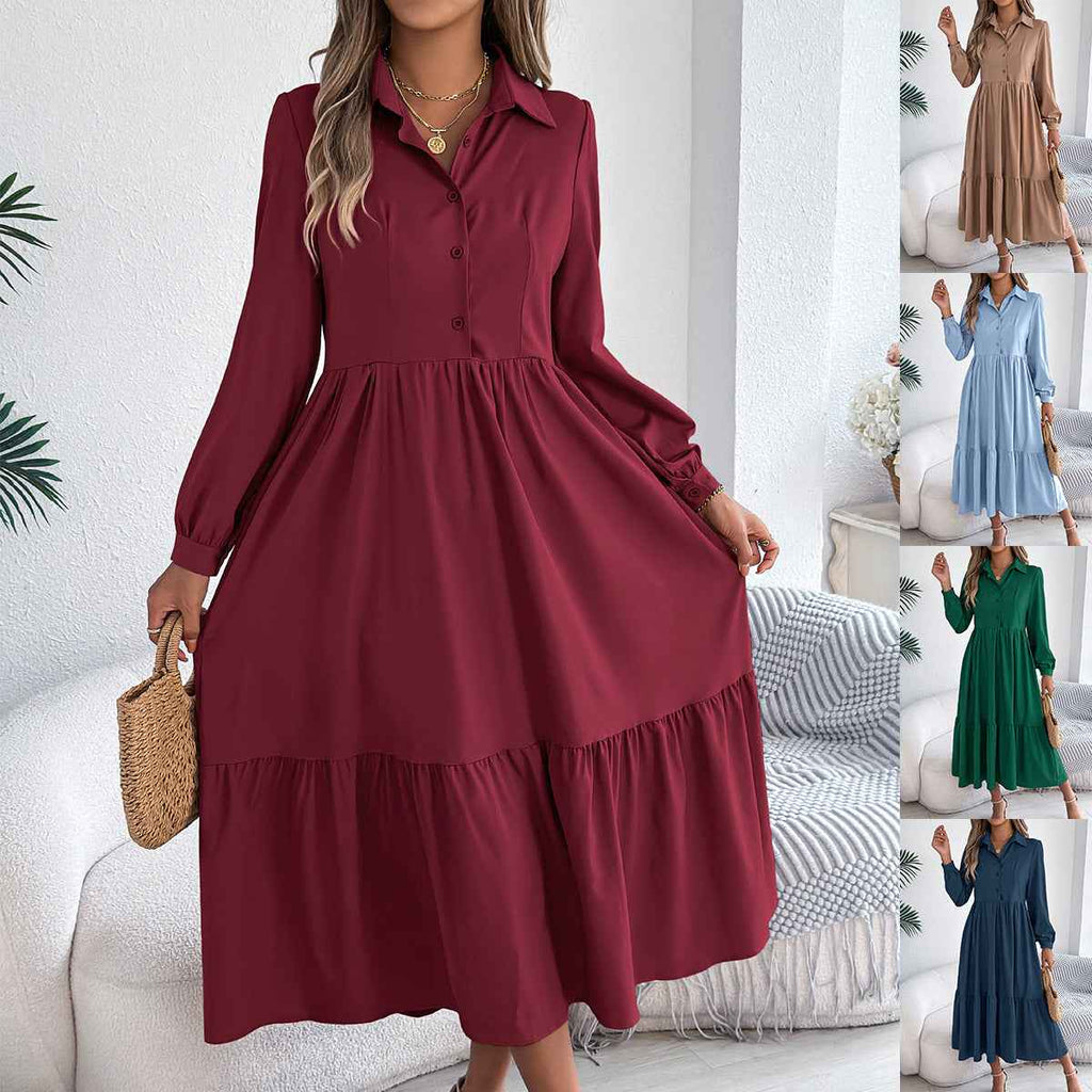 Women's Lapel Ruffled Long Sleeve Dress - Elegant Turn-Down Collar Shirt for Spring/Autumn Vacations