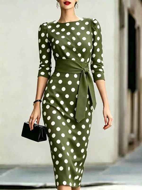 Elegant Polka Dot Midi Dress with Waist Belt - Formal & Office Wear