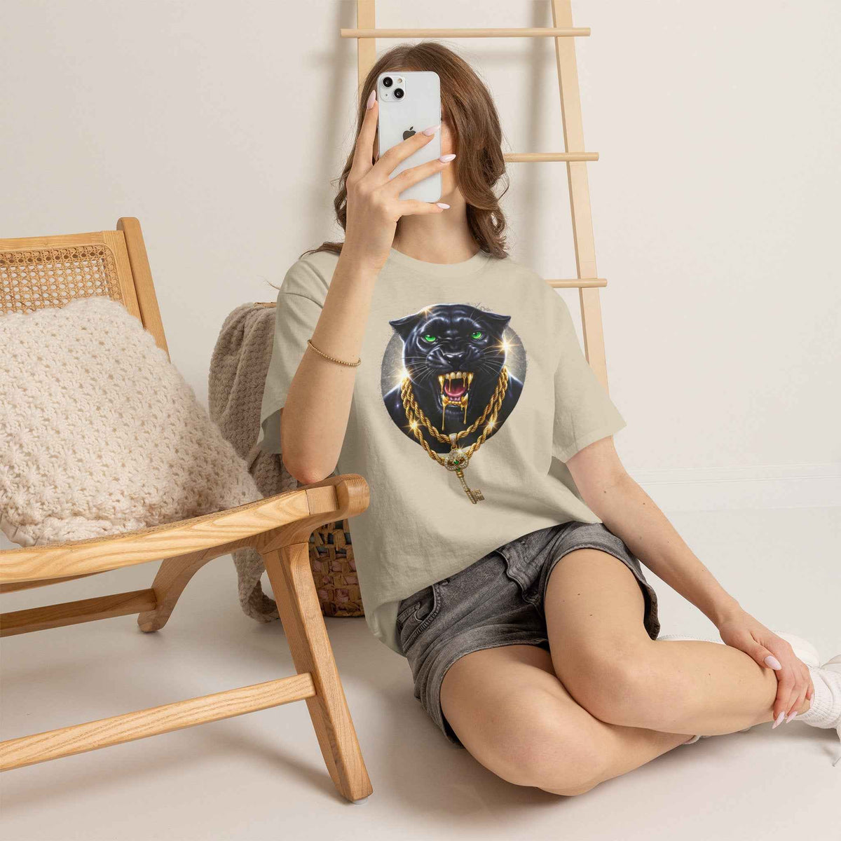 Luxury Black Panther Graphic Tee with Gold Chains & Key