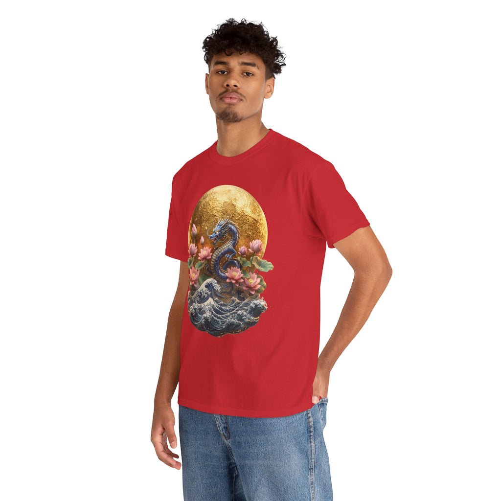 Japanese Dragon & Lotus Moon Graphic Tee - Heavy Cotton Streetwear