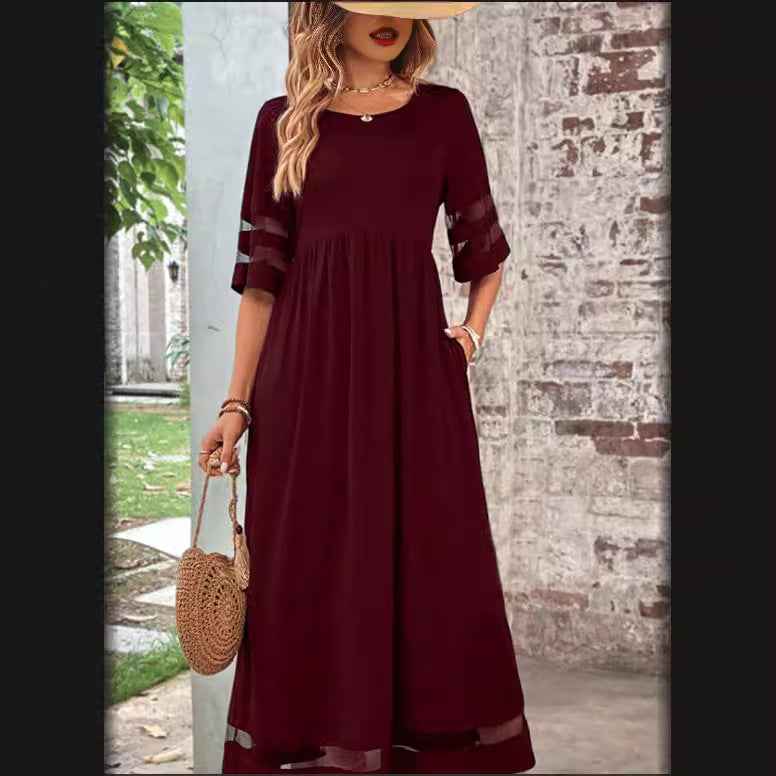 Patchwork Round Neck Mesh Pocket Skirt - Fashionable Casual Wear