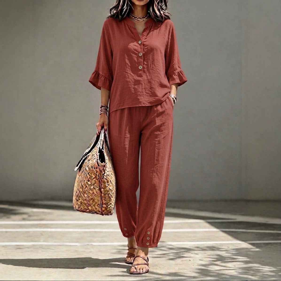 Women's Retro V-Neck Top & Cropped Wide Leg Trousers Set, Casual Button Three-Quarter Sleeve Office Suit