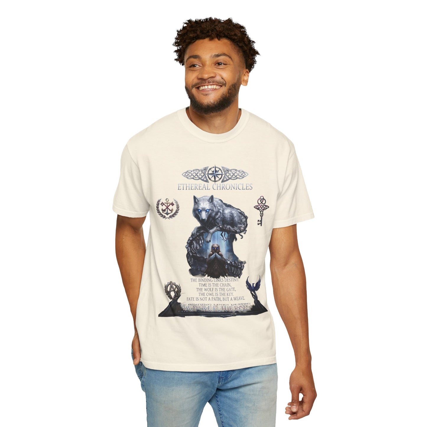Ethereal Chronicles Graphic Tee | Mythical Wolf & Celestial Owl Shirts for Men & Women | Dark Fantasy Gothic Aesthetics Heavyweight Comfort Colors 1717 T-Shirt