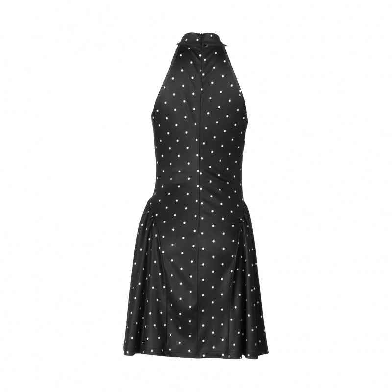 Sleeveless Polka Dot Black Dress - Cinched Waist
