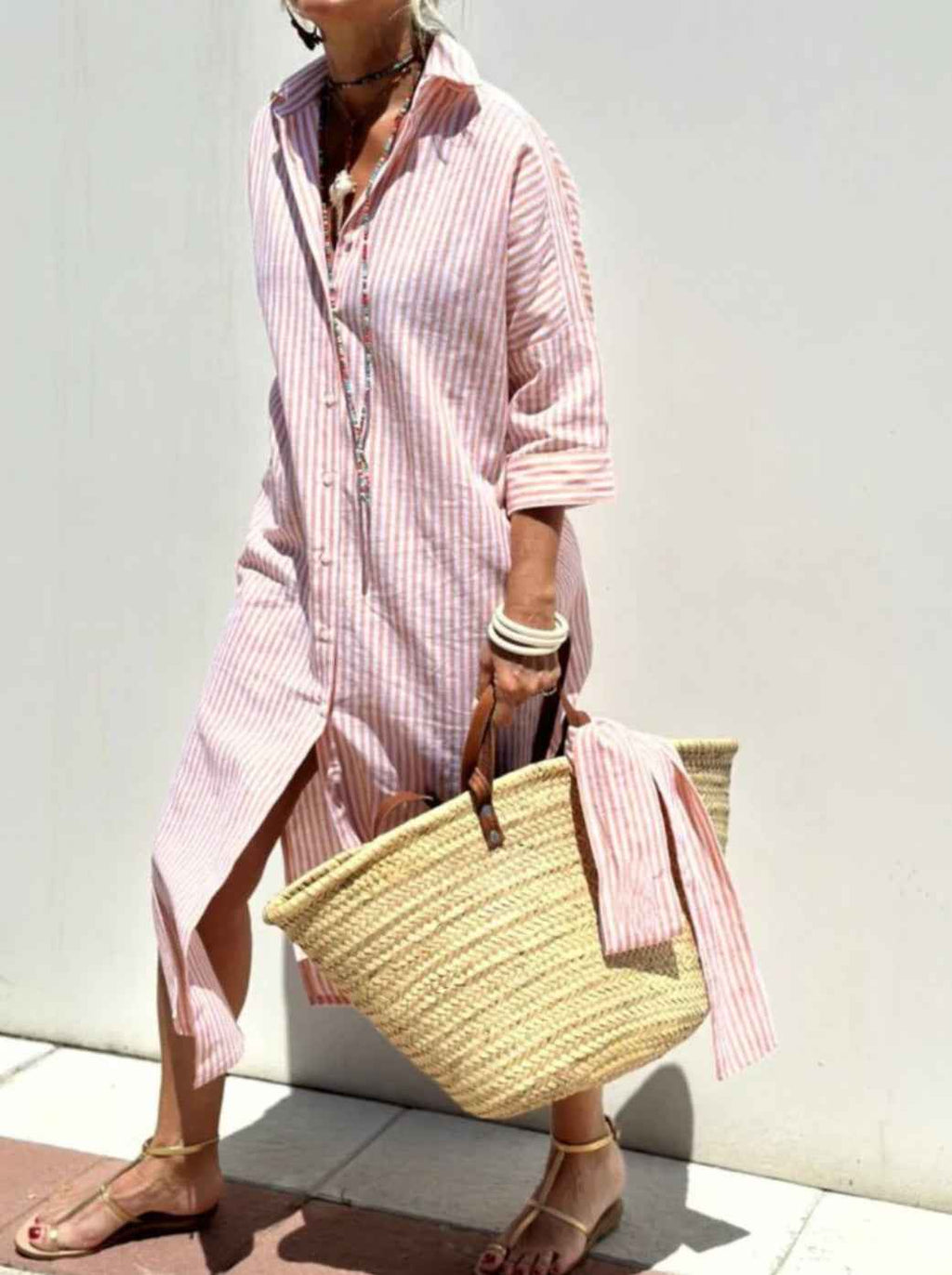 Orange Striped Shirt Dress with Waist Belt & Lapel Collar