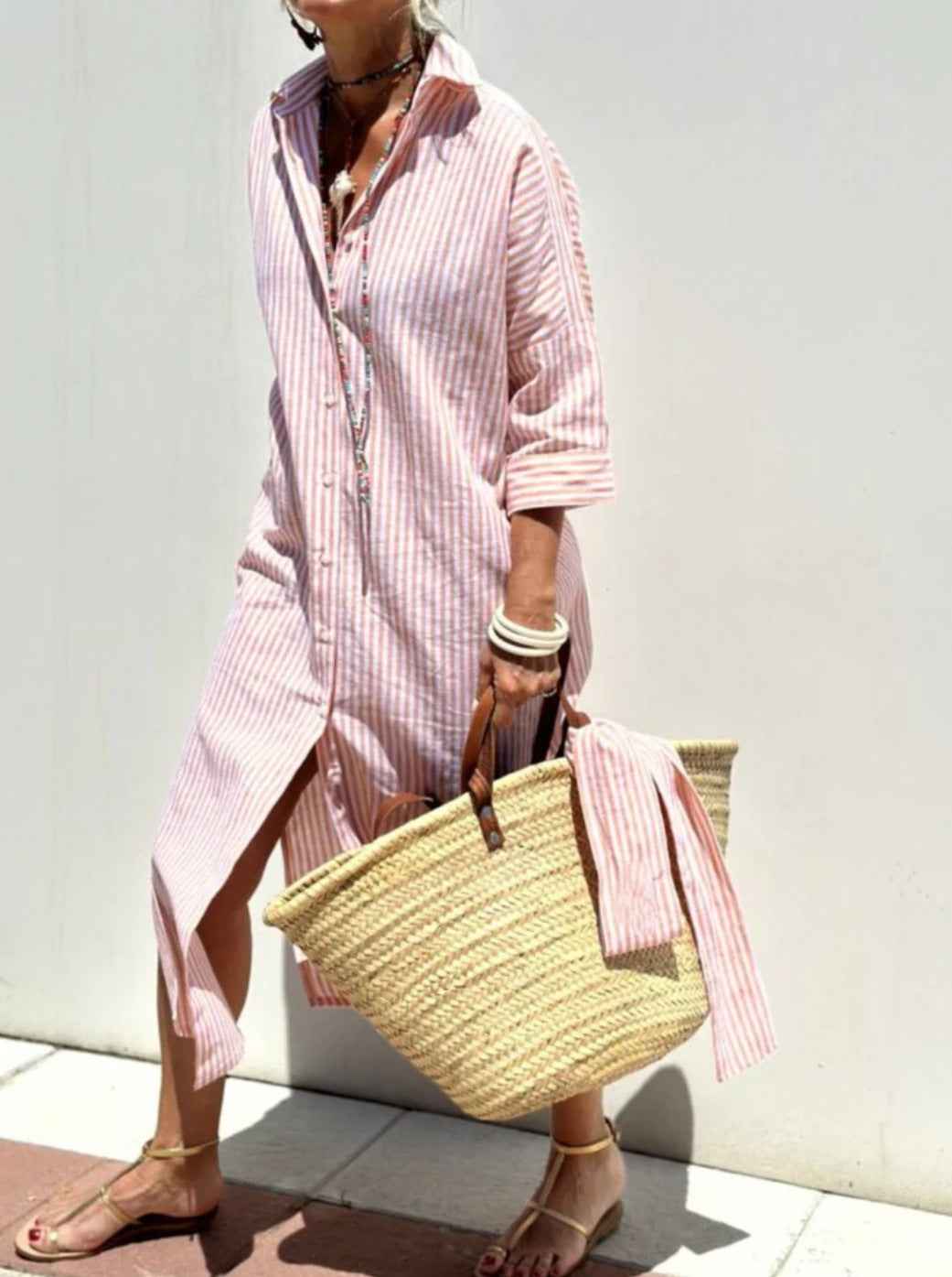 Orange Striped Shirt Dress with Waist Belt & Lapel Collar