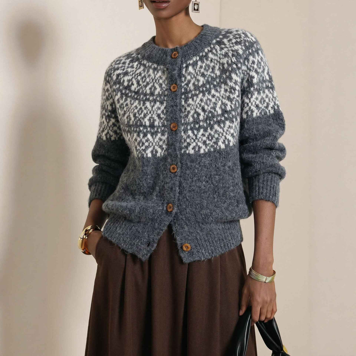 New Vintage-style Crew-neck Oversized Sweater Jacket