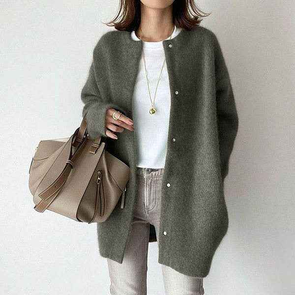Stylish Loose Round Neck Cardigan - Solid Color Women's Coat for Autumn & Winter