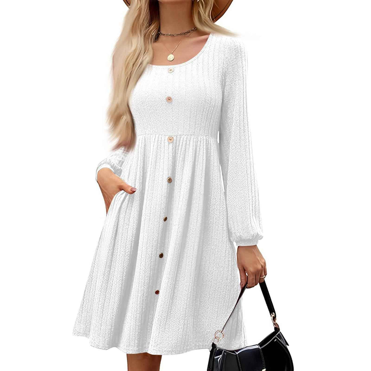 Fall Winter Round Neck Buttoned Pleated Dress - Princess Style