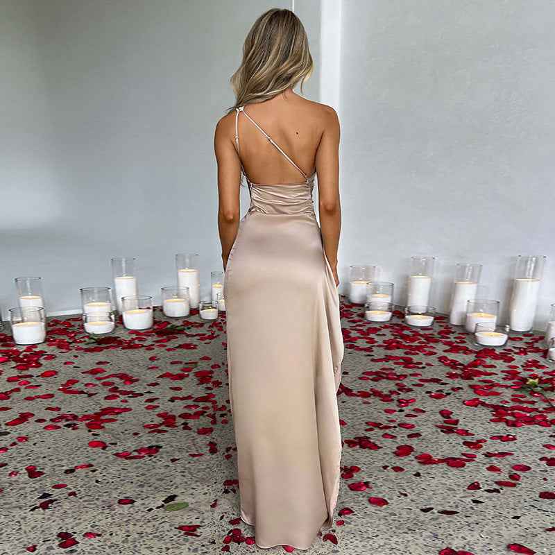 Red One-Shoulder Backless Satin Dress