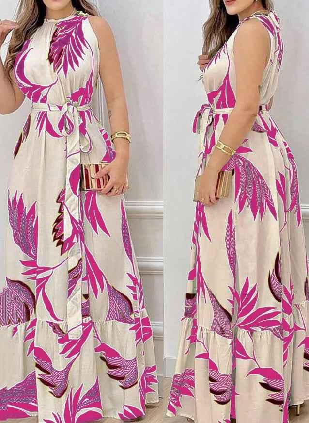 Women's Plant Print Maxi Dress: A-Line Sleeveless Boho Style Summer Gown