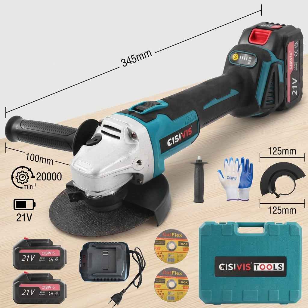 Cordless Angle Grinder 125mm 21V - Electric Rotary Tool w/2 Batteries