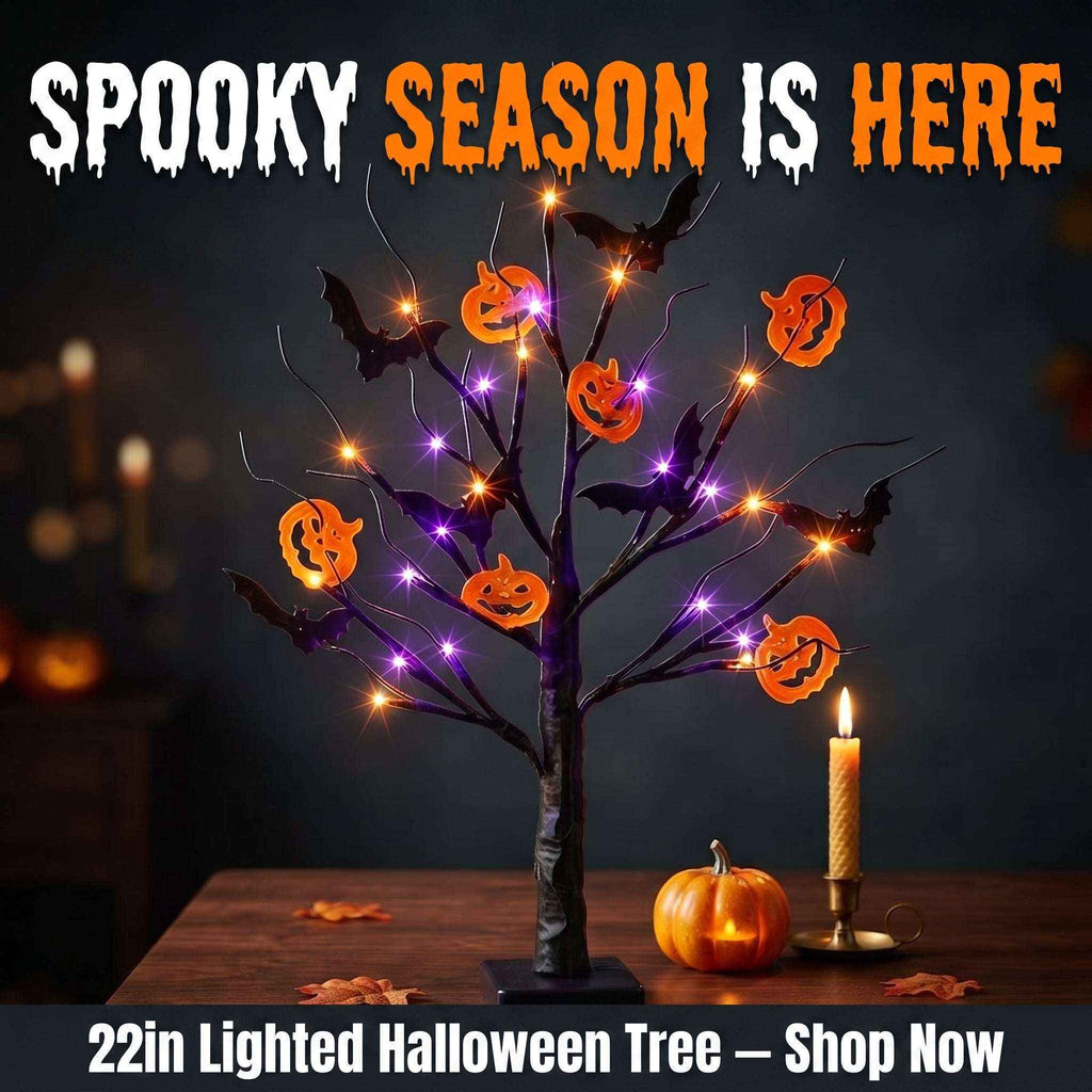 22" LED Black Tree: Orange & Purple Lights, Bats, Pumpkins, Battery Powered