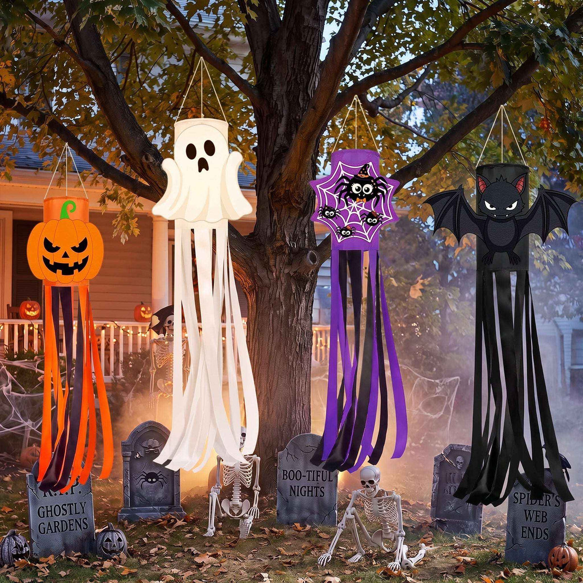Halloween Windsock Set 4 Pack: Spooky Outdoor Decor for Porches, Gardens & Yards