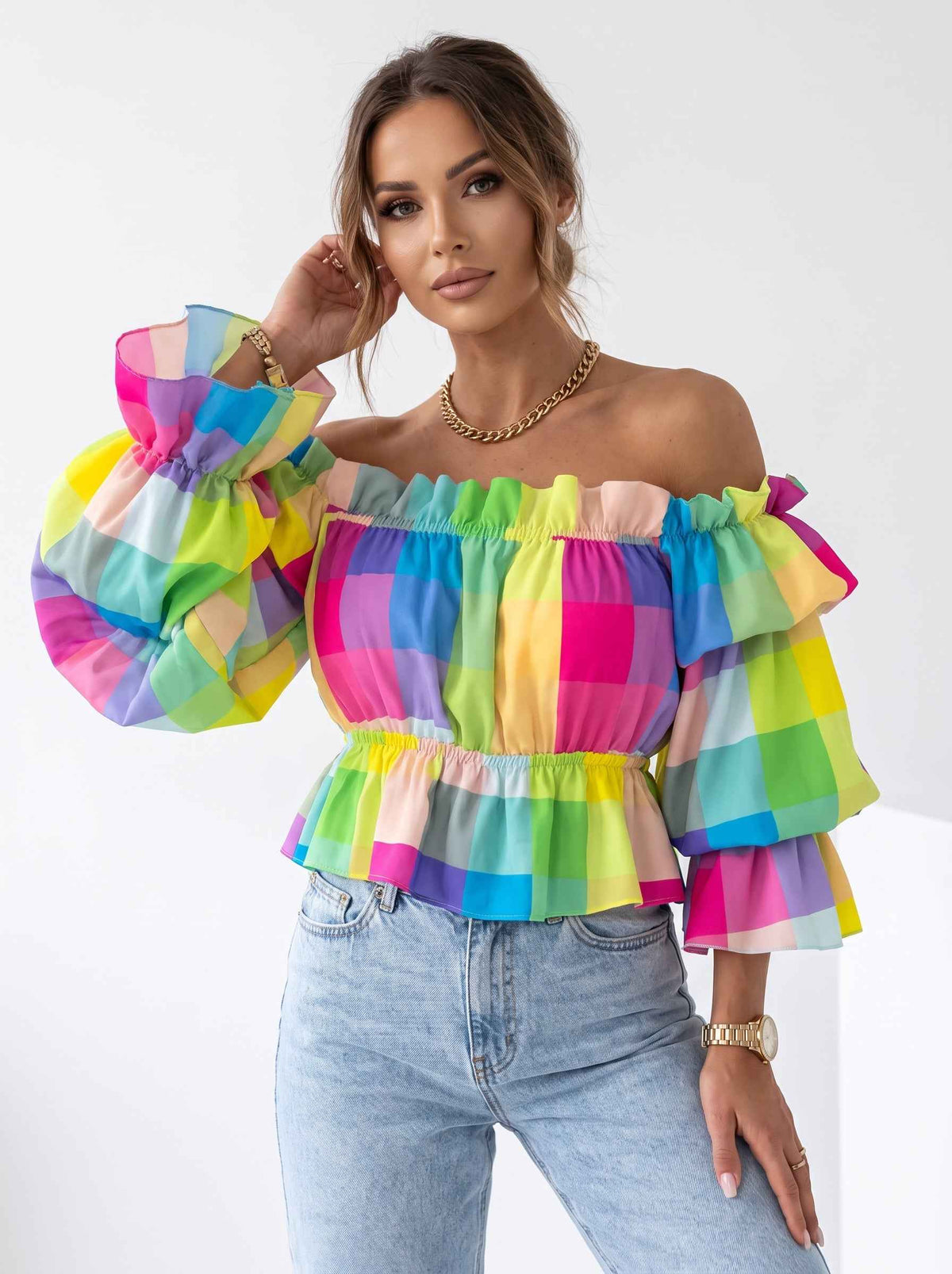 Women's Long Sleeve Check Knit Blouse