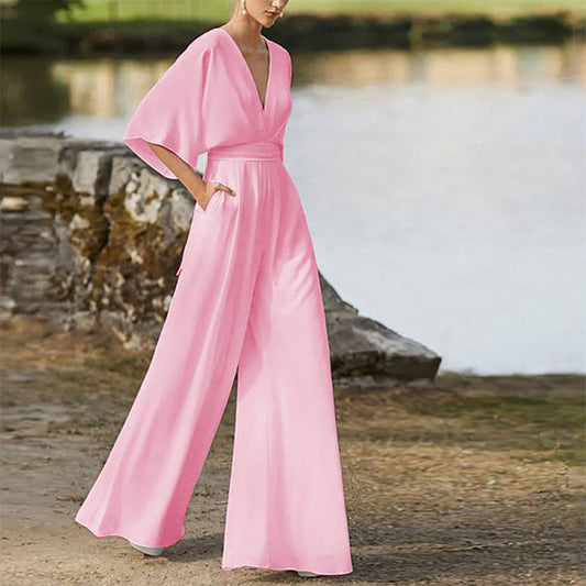 Kleid Overall Explosive Tiefer V-Ausschnitt Hohe Taille Weites Bein Hose