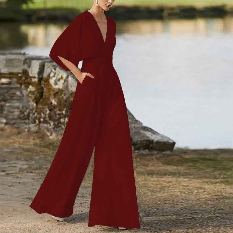High Waist Wide Leg Jumpsuit with Deep V and Polyester Spandex