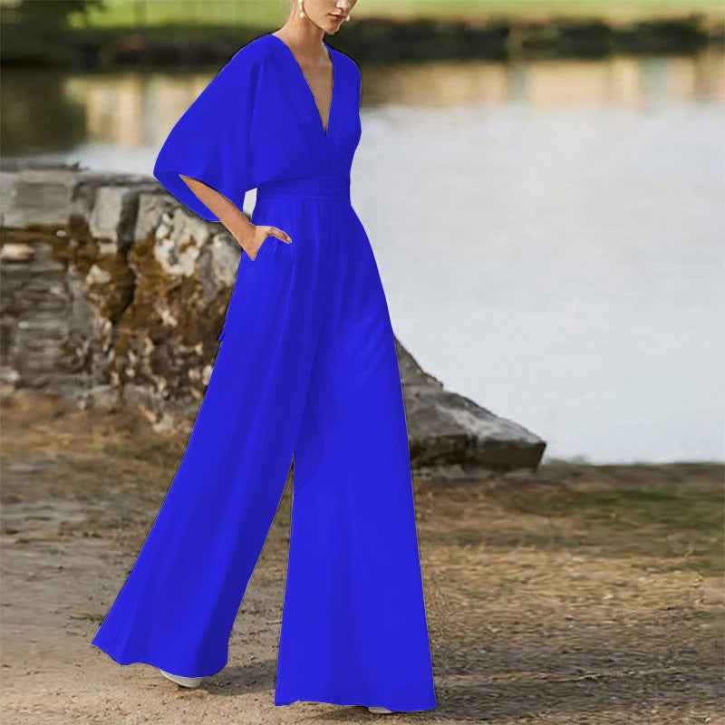 High Waist Wide Leg Jumpsuit with Deep V and Polyester Spandex