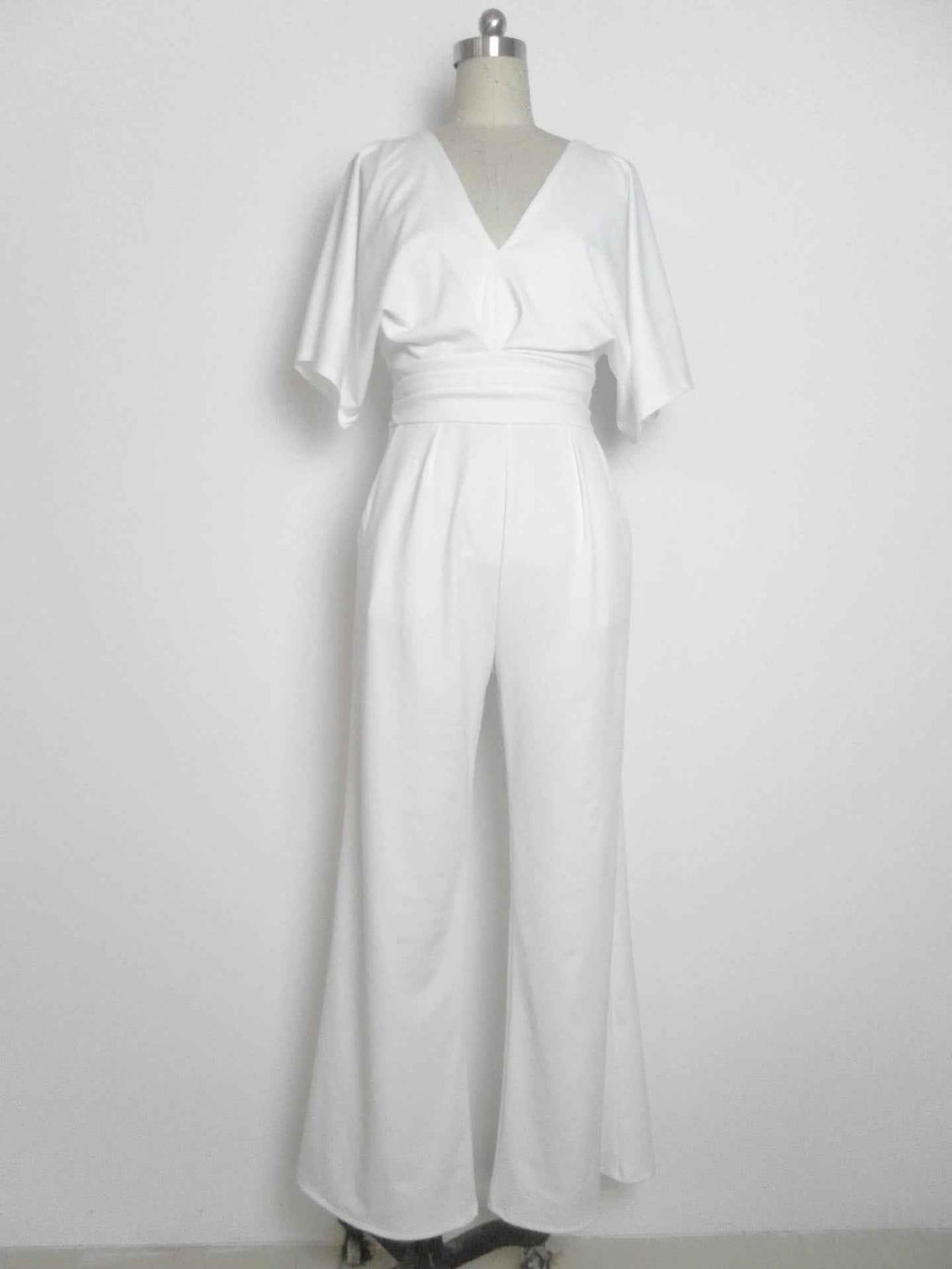 High Waist Wide Leg Jumpsuit with Deep V and Polyester Spandex