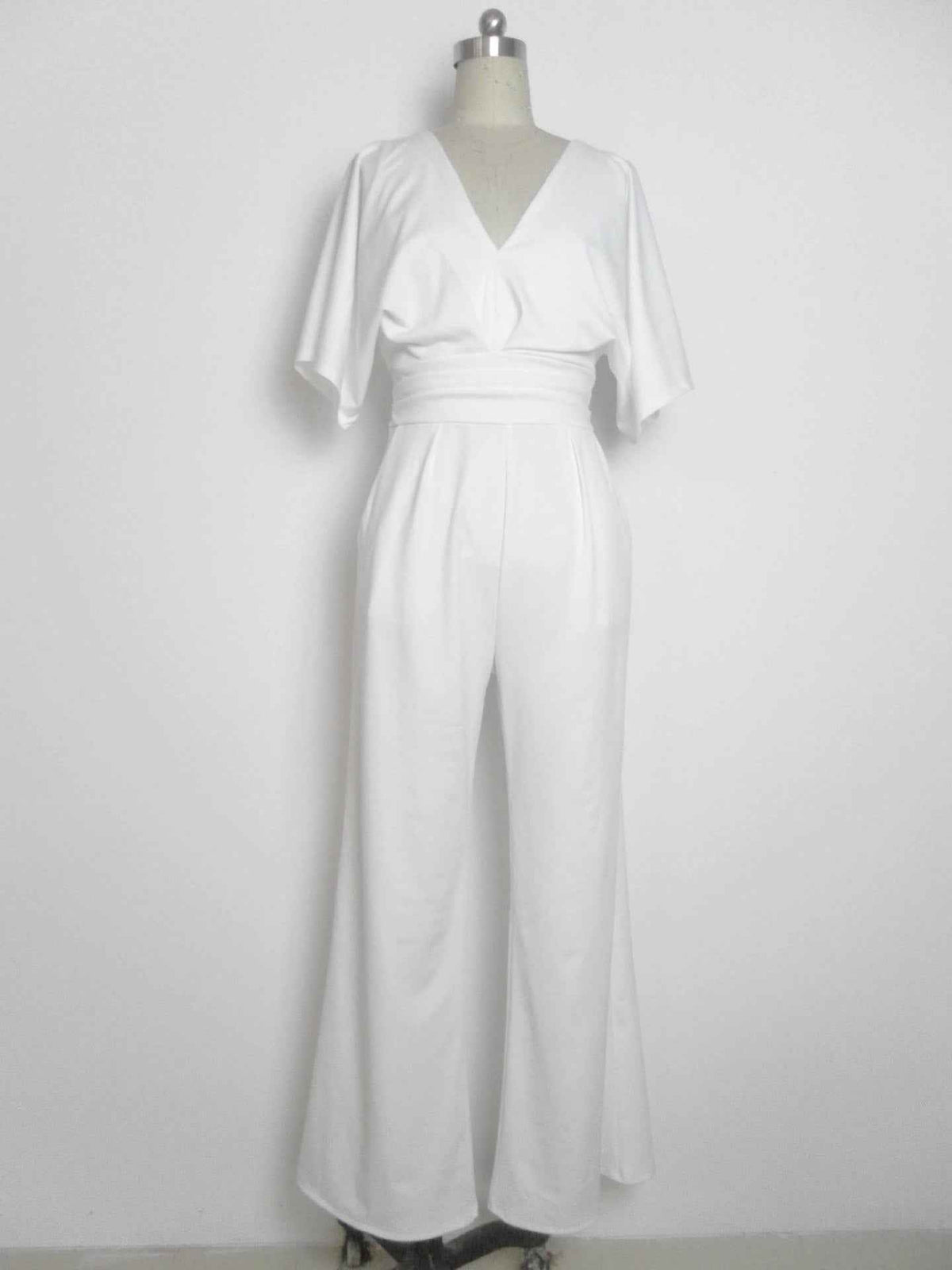 High Waist Wide Leg Jumpsuit with Deep V and Polyester Spandex