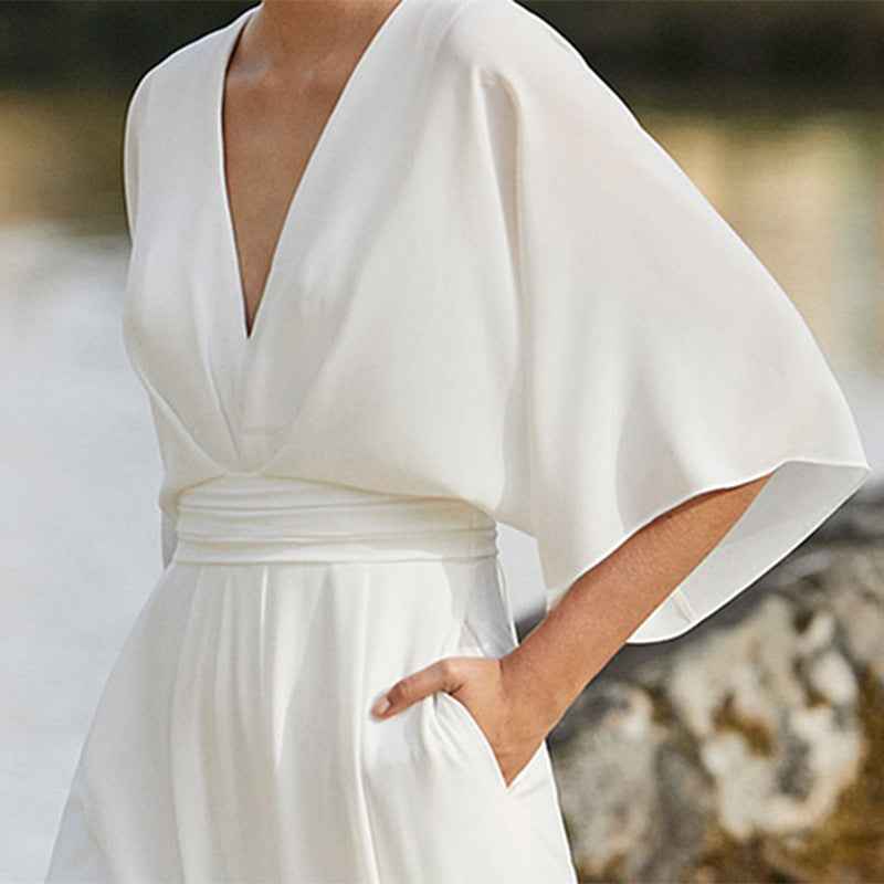 High Waist Wide Leg Jumpsuit with Deep V and Polyester Spandex