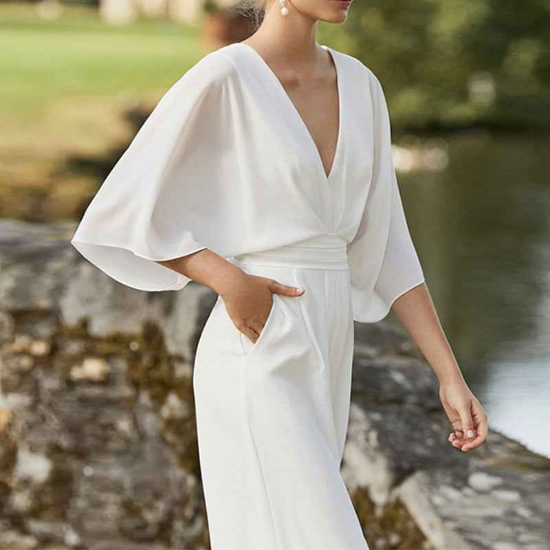 High Waist Wide Leg Jumpsuit with Deep V and Polyester Spandex