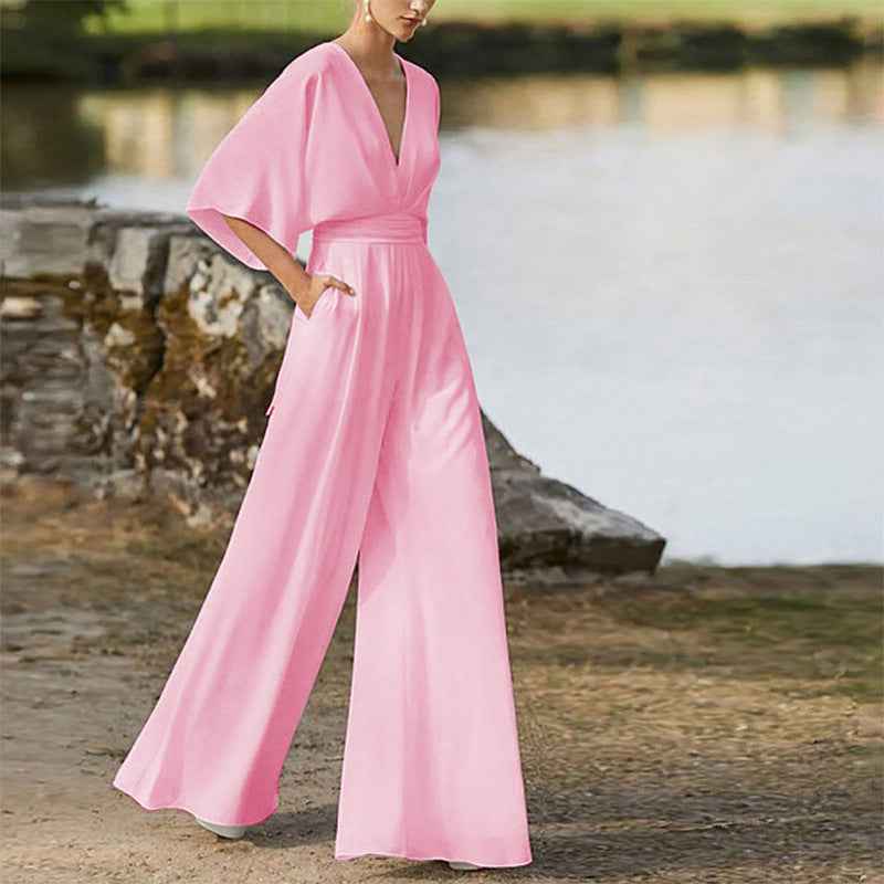 High Waist Wide Leg Jumpsuit with Deep V and Polyester Spandex
