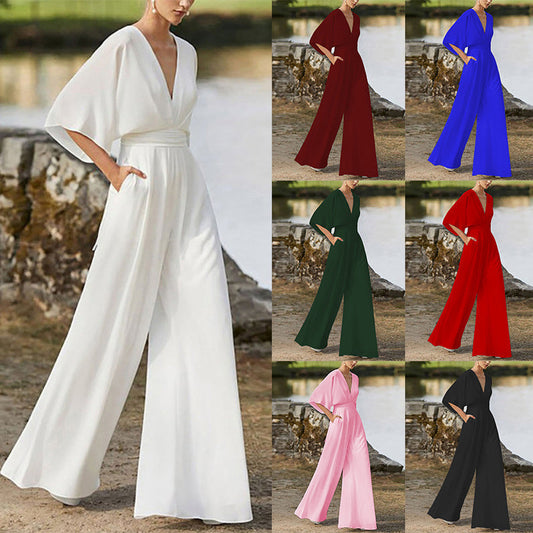 Kleid Overall Explosive Tiefer V-Ausschnitt Hohe Taille Weites Bein Hose
