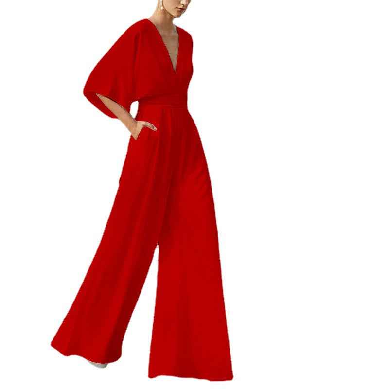 High Waist Wide Leg Jumpsuit with Deep V and Polyester Spandex