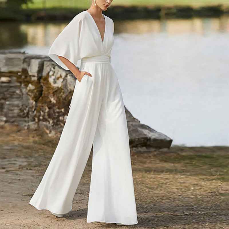 High Waist Wide Leg Jumpsuit with Deep V and Polyester Spandex