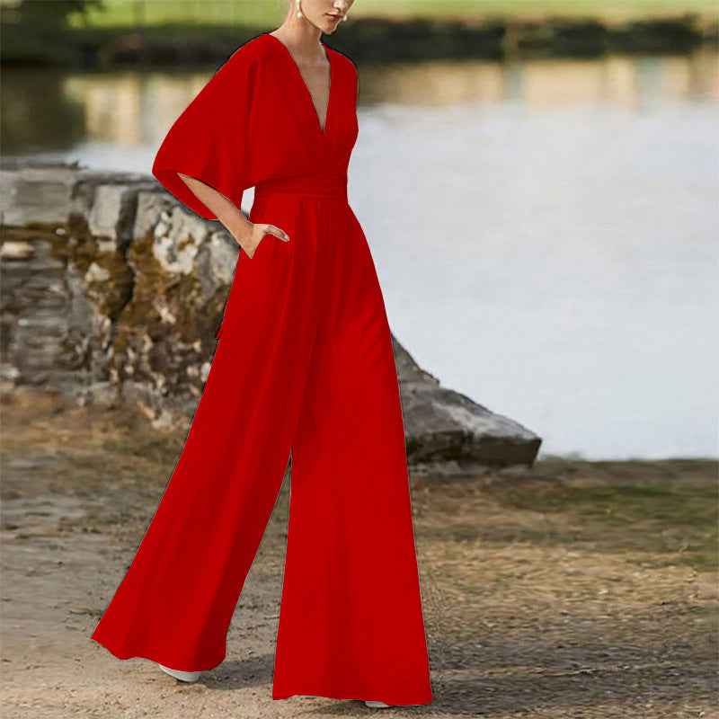 High Waist Wide Leg Jumpsuit with Deep V and Polyester Spandex