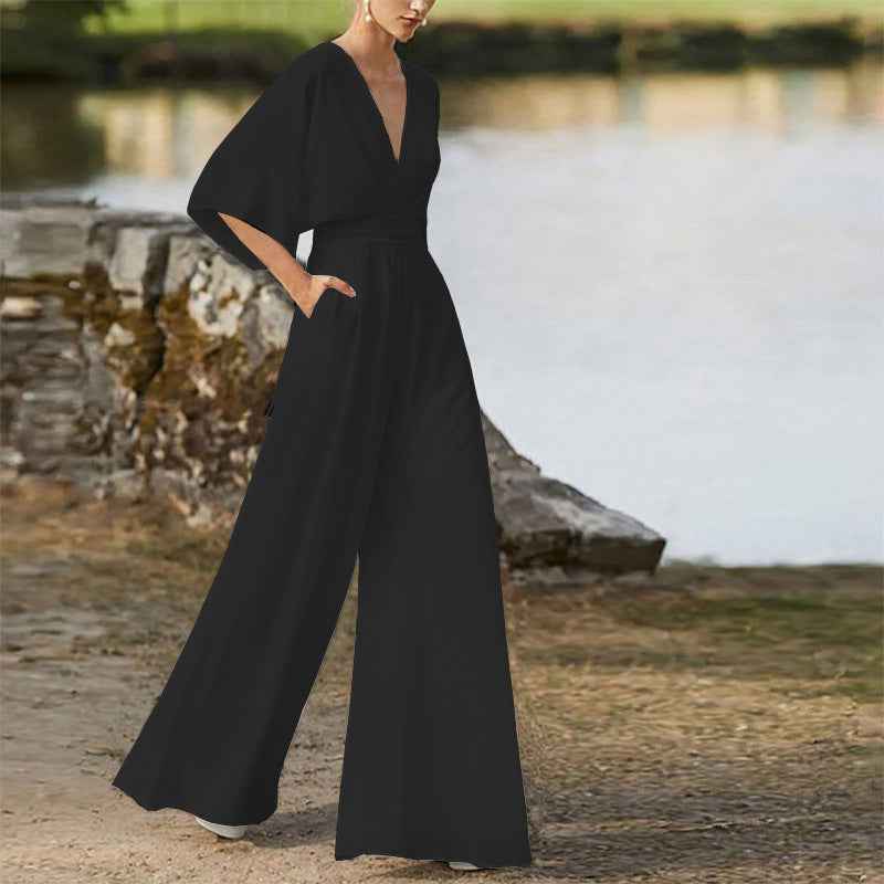High Waist Wide Leg Jumpsuit with Deep V and Polyester Spandex