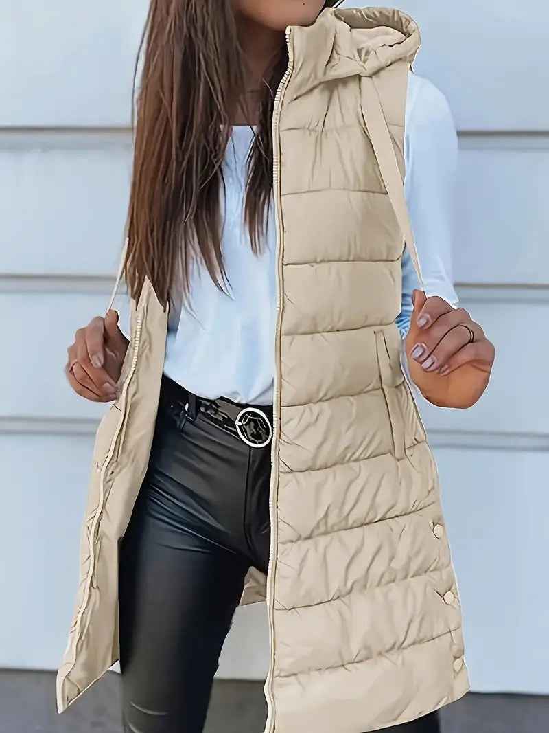 Solid Color Hooded Quilted Cotton Vest Coat with Zipper