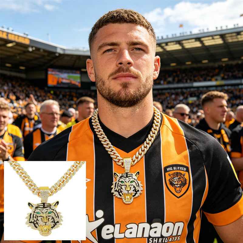 3D Diamond Tiger Head Football Pendant Necklace - Zinc Alloy Chain 13mm