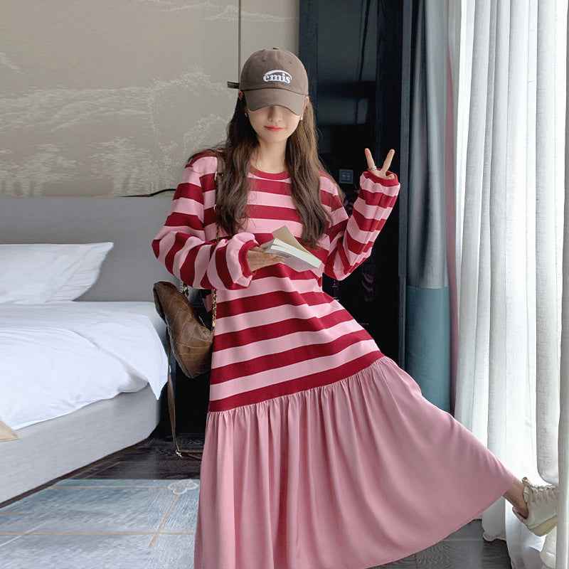 Maternity Striped Patchwork Sweatshirt Dress - Comfortable & Stylish