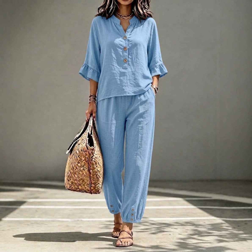 Women's Retro V-Neck Top & Cropped Wide Leg Trousers Set, Casual Button Three-Quarter Sleeve Office Suit