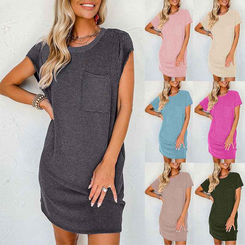 Striped Pocket Dress Women Short Sleeve Casual Blouse