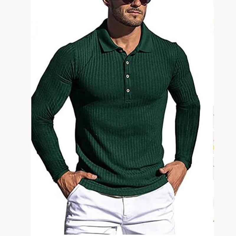 Men's Striped Long Sleeve Fitted Polo Shirt - Breathable & Stylish Running Essential