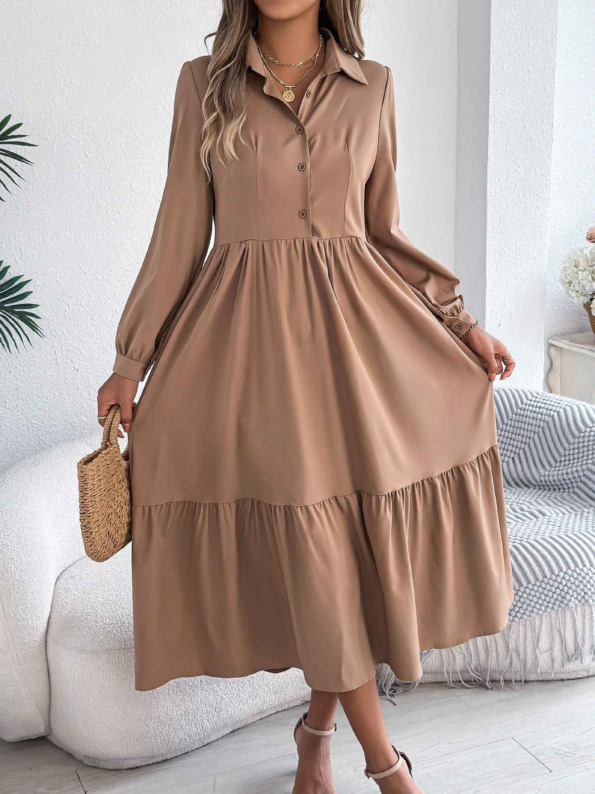 Women's Lapel Ruffled Long Sleeve Dress - Elegant Turn-Down Collar Shirt for Spring/Autumn Vacations