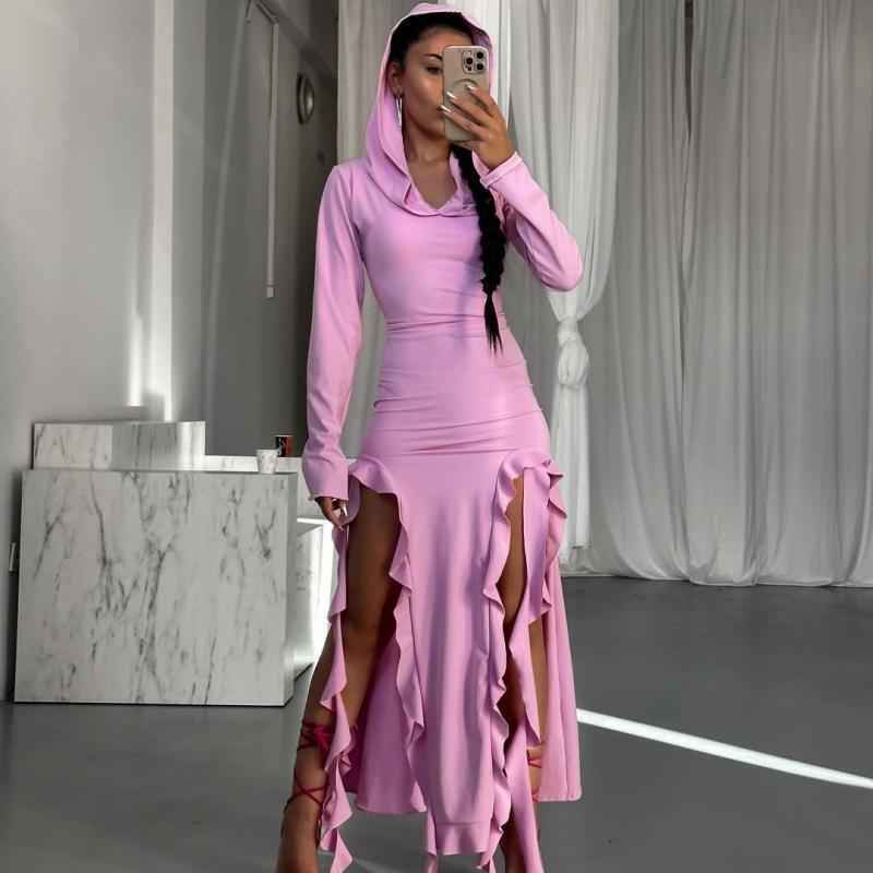 Hooded Long Sleeve Irregular Style Women's High Waist Dress