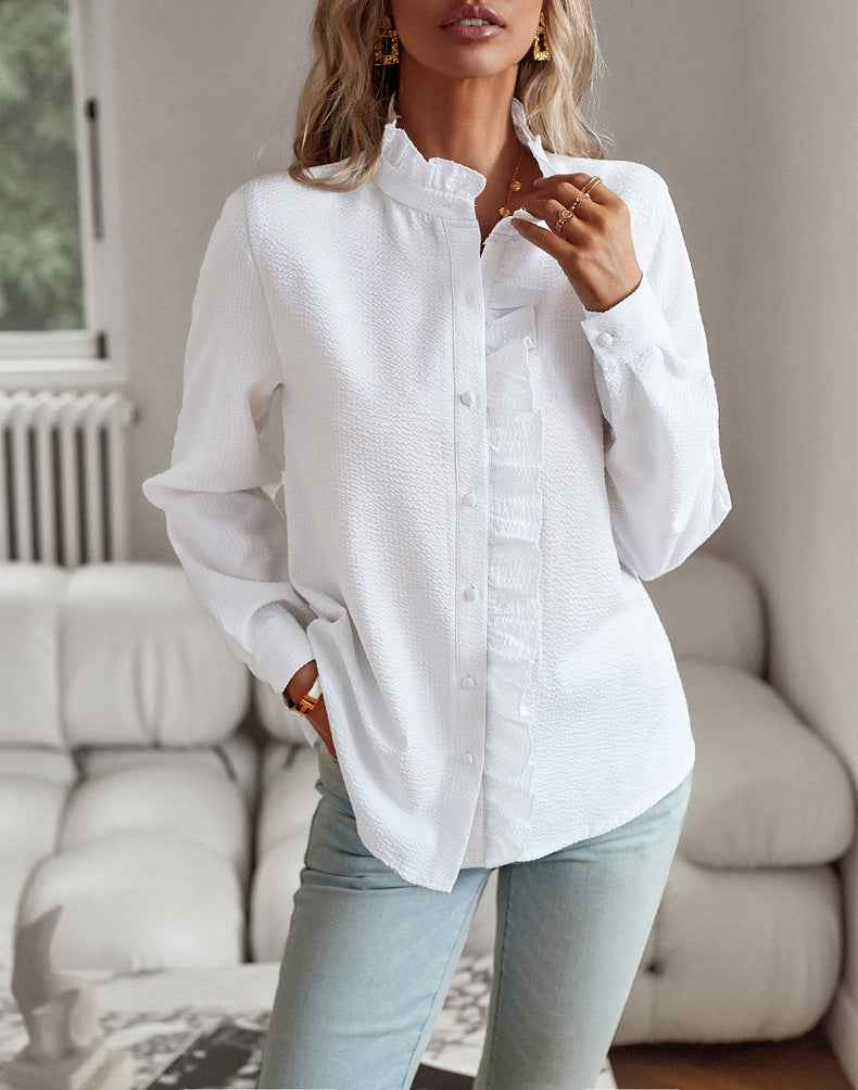 Striped Long Sleeve Button-Up Blouse with Ruffle Detail, Casual Office Shirt for Women