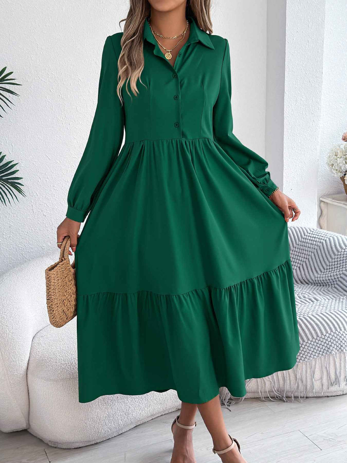 Women's Lapel Ruffled Long Sleeve Dress - Elegant Turn-Down Collar Shirt for Spring/Autumn Vacations