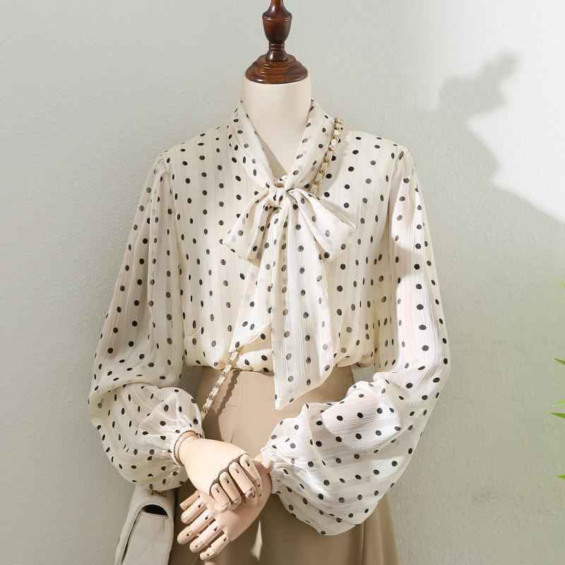 Retro Apricot Polka Dot Blouse Women - Vintage Floral Print Top