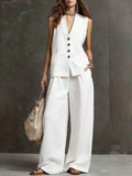 Women's Seasonal Laid-Back Linen Suit Set - Sleeveless Vest & Wide Leg Pants