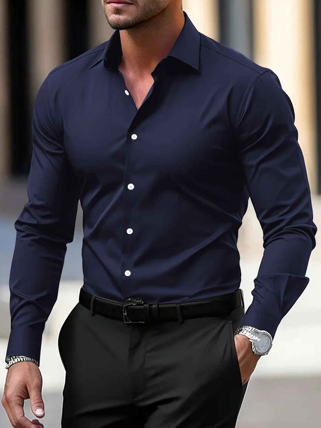 Men's Business Button-Down Shirt - Summer Solid Color Lapel Style