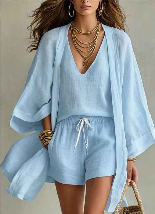 Women's 3-Piece Casual Set: Sleeveless Vest, Cardigan, Shorts
