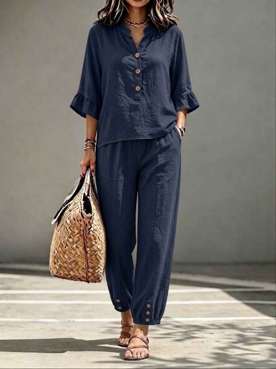 Women's Retro V-Neck Top & Cropped Wide Leg Trousers Set, Casual Button Three-Quarter Sleeve Office Suit